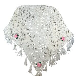 Handmade‎ Crochet Shawl Cream Pink Roses Tassels Boho Granny Square Grandmacore
